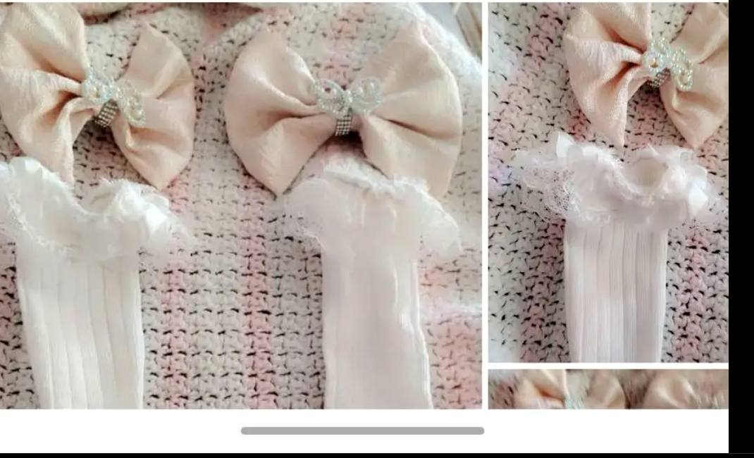 Cream bows and ruffle socks displayed as a handmade set